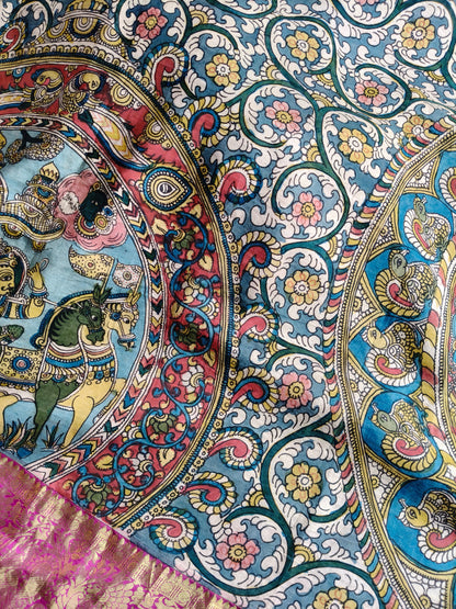 BLUE KANCHI SILK PURE HANDLOOM KALAMKARI SAREE
