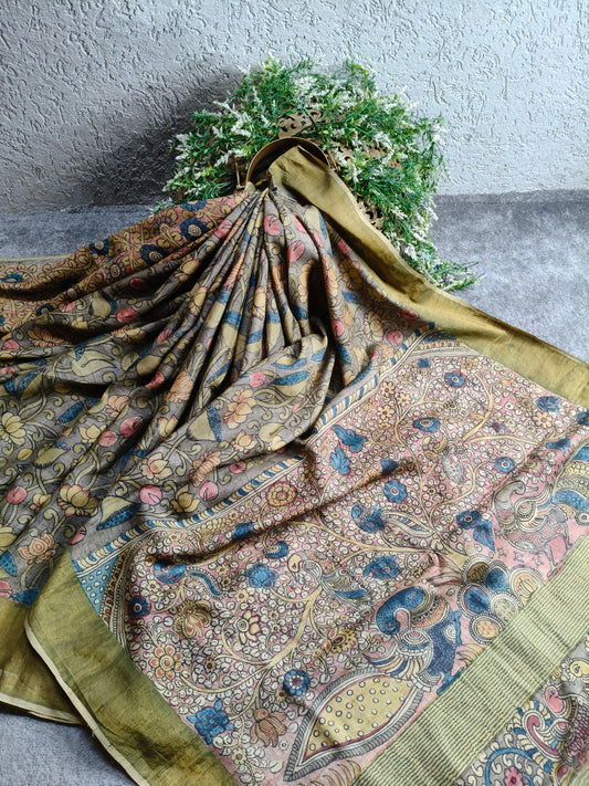 GREY TUSSAR SILK PURE HANDLOOM KALAMKARI SAREE