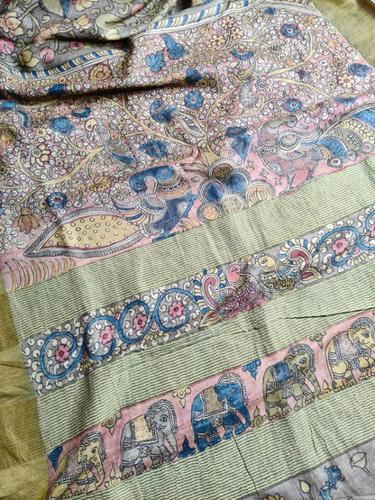 GREY TUSSAR SILK PURE HANDLOOM KALAMKARI SAREE