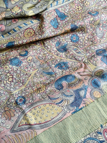 GREY TUSSAR SILK PURE HANDLOOM KALAMKARI SAREE