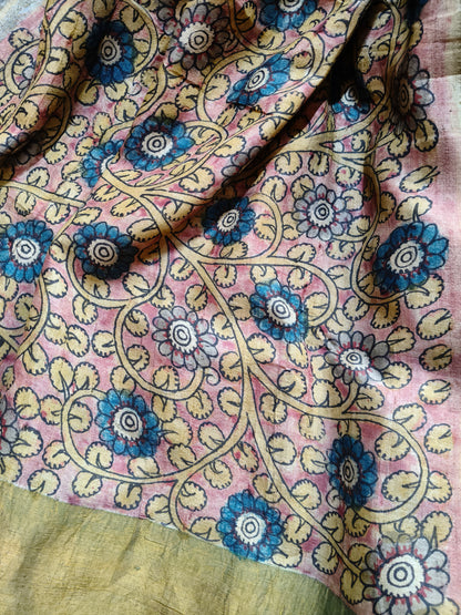 GREY TUSSAR SILK PURE HANDLOOM KALAMKARI SAREE