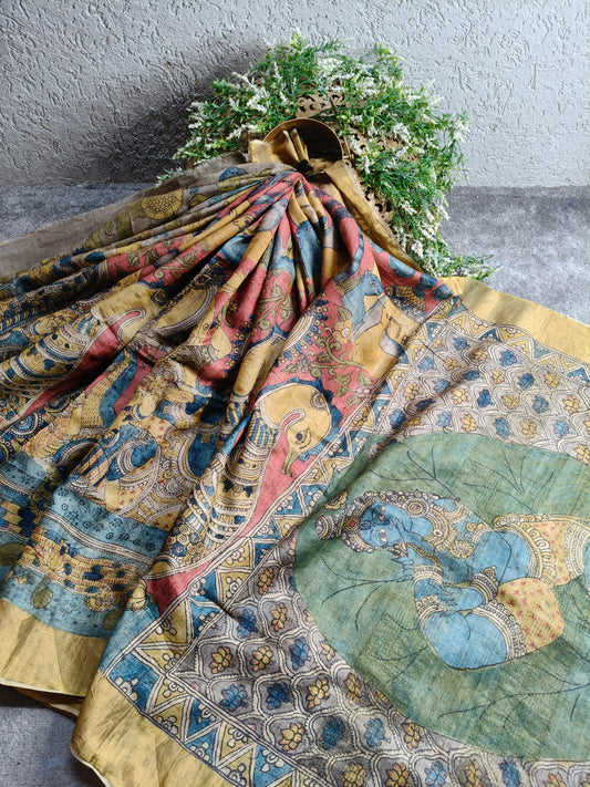 RED TUSSAR SILK PURE HANDLOOM KALAMKARI SAREE