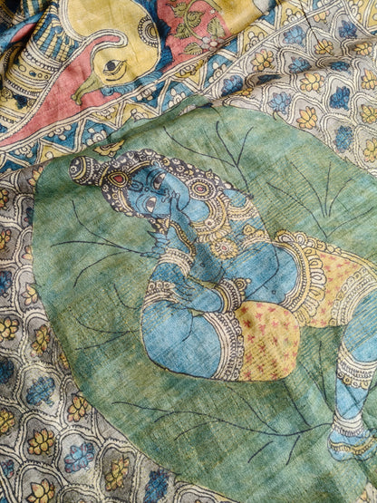 RED TUSSAR SILK PURE HANDLOOM KALAMKARI SAREE