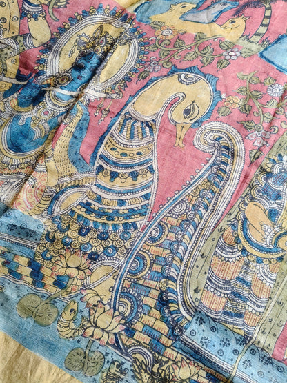 RED TUSSAR SILK PURE HANDLOOM KALAMKARI SAREE