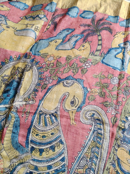 RED TUSSAR SILK PURE HANDLOOM KALAMKARI SAREE