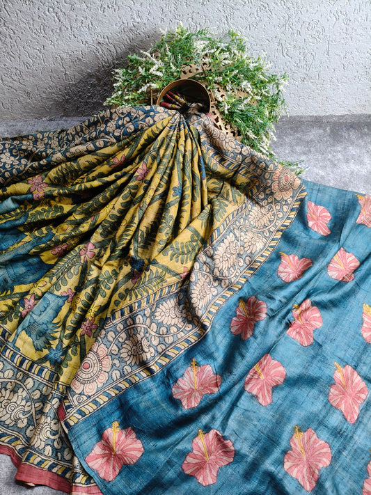 YELLOW TUSSAR SILK PURE HANDLOOM KALAMKARI SAREE