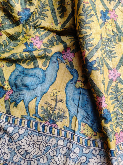 YELLOW TUSSAR SILK PURE HANDLOOM KALAMKARI SAREE