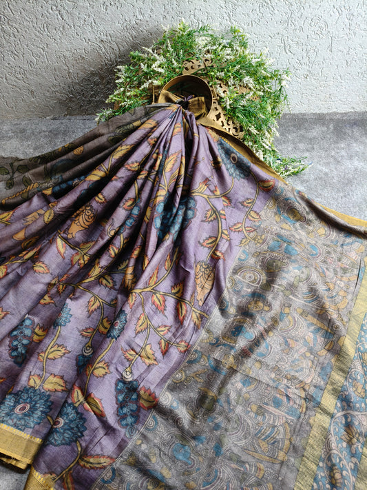 VIOLET TUSSAR  SILK PURE HANDLOOM KALAMKARI SAREE