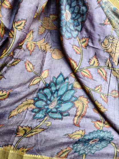 VIOLET TUSSAR  SILK PURE HANDLOOM KALAMKARI SAREE