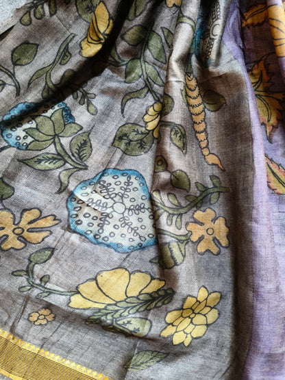 VIOLET TUSSAR  SILK PURE HANDLOOM KALAMKARI SAREE