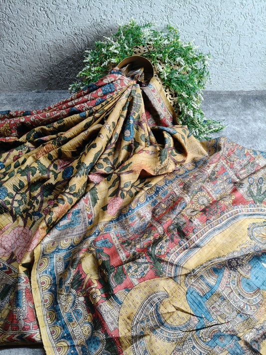 YELLOW TUSSAR  SILK PURE HANDLOOM KALAMKARI SAREE