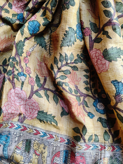 YELLOW TUSSAR  SILK PURE HANDLOOM KALAMKARI SAREE