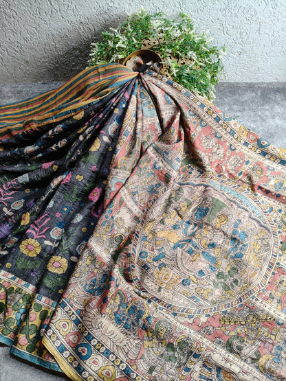 BLACK TUSSAR SILK  PURE HANDLOOM KALAMKARI SAREE