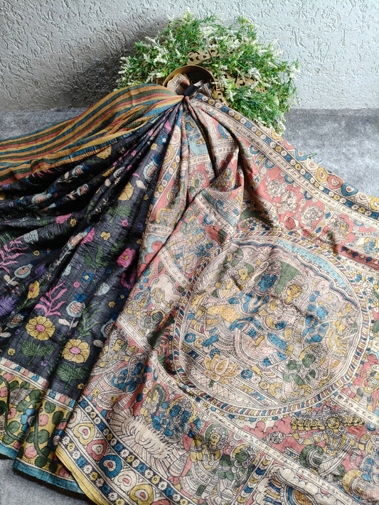 BLACK TUSSAR SILK  PURE HANDLOOM KALAMKARI SAREE