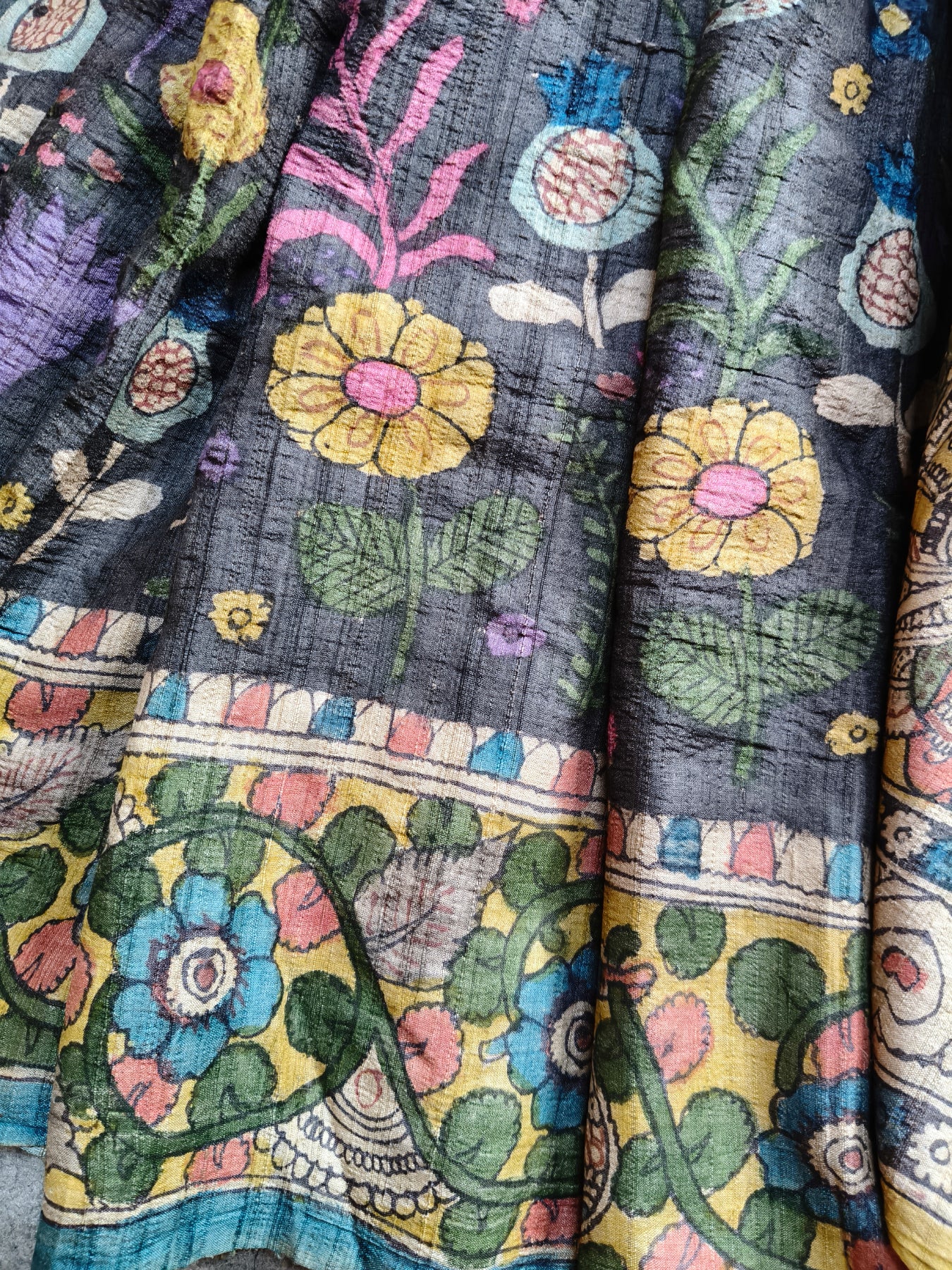 BLACK TUSSAR SILK  PURE HANDLOOM KALAMKARI SAREE