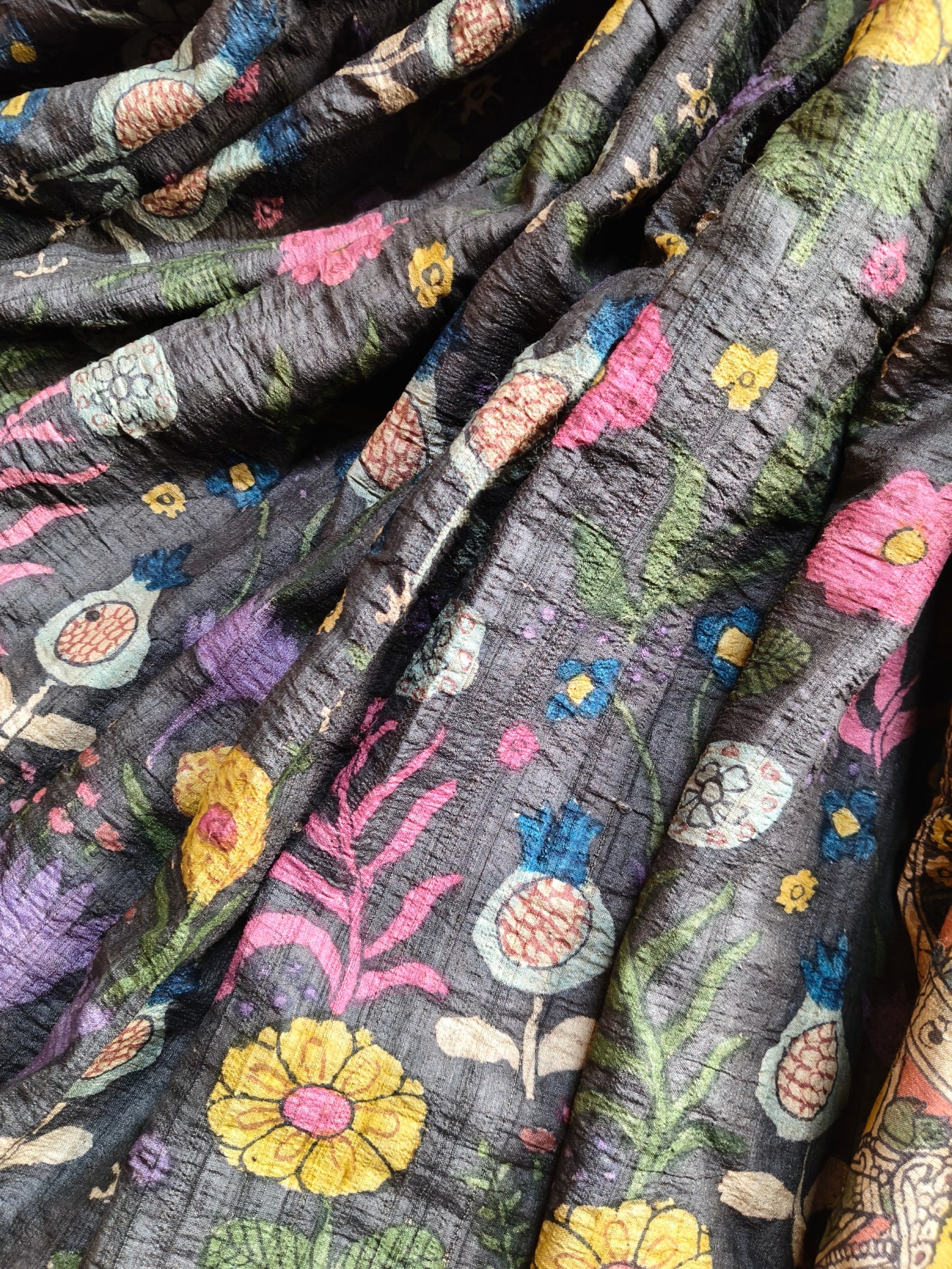 BLACK TUSSAR SILK  PURE HANDLOOM KALAMKARI SAREE