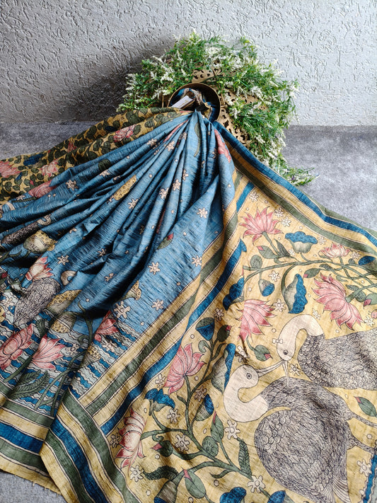 BLUE TUSSAR SILK  PURE HANDLOOM KALAMKARI SAREE