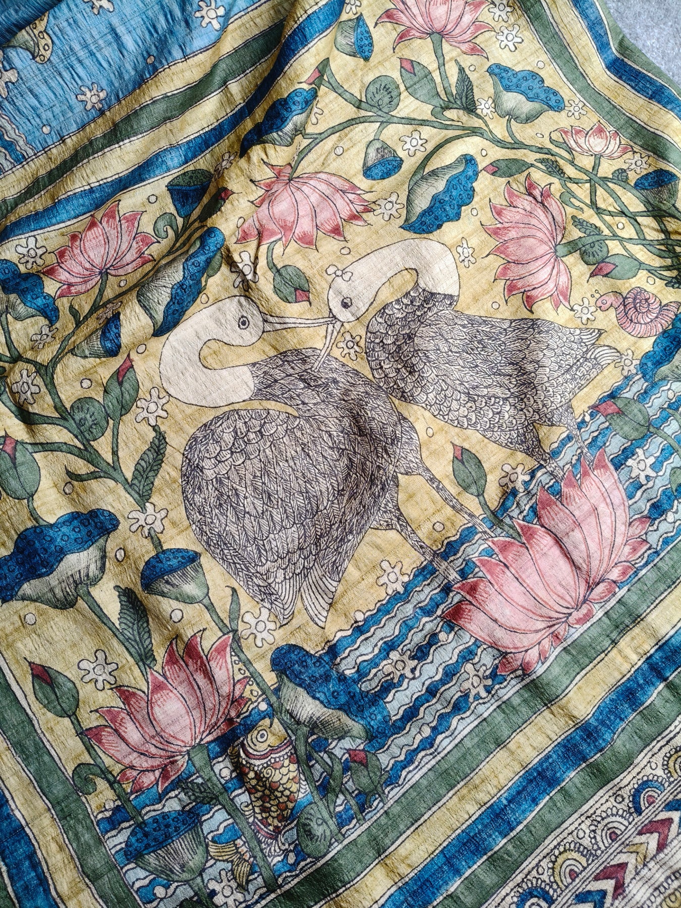 BLUE TUSSAR SILK  PURE HANDLOOM KALAMKARI SAREE