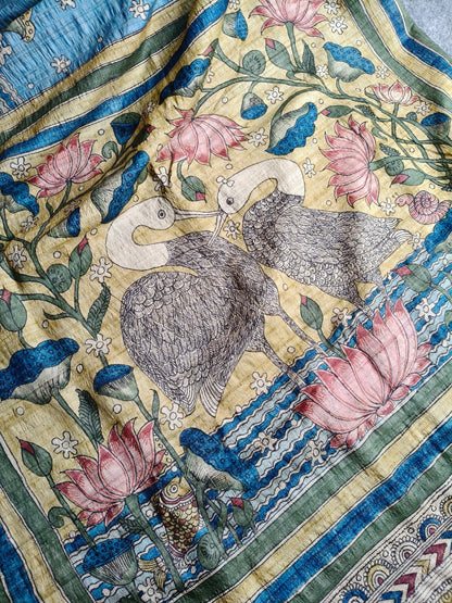 BLUE TUSSAR SILK  PURE HANDLOOM KALAMKARI SAREE