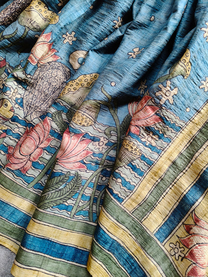 BLUE TUSSAR SILK  PURE HANDLOOM KALAMKARI SAREE