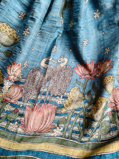 BLUE TUSSAR SILK  PURE HANDLOOM KALAMKARI SAREE