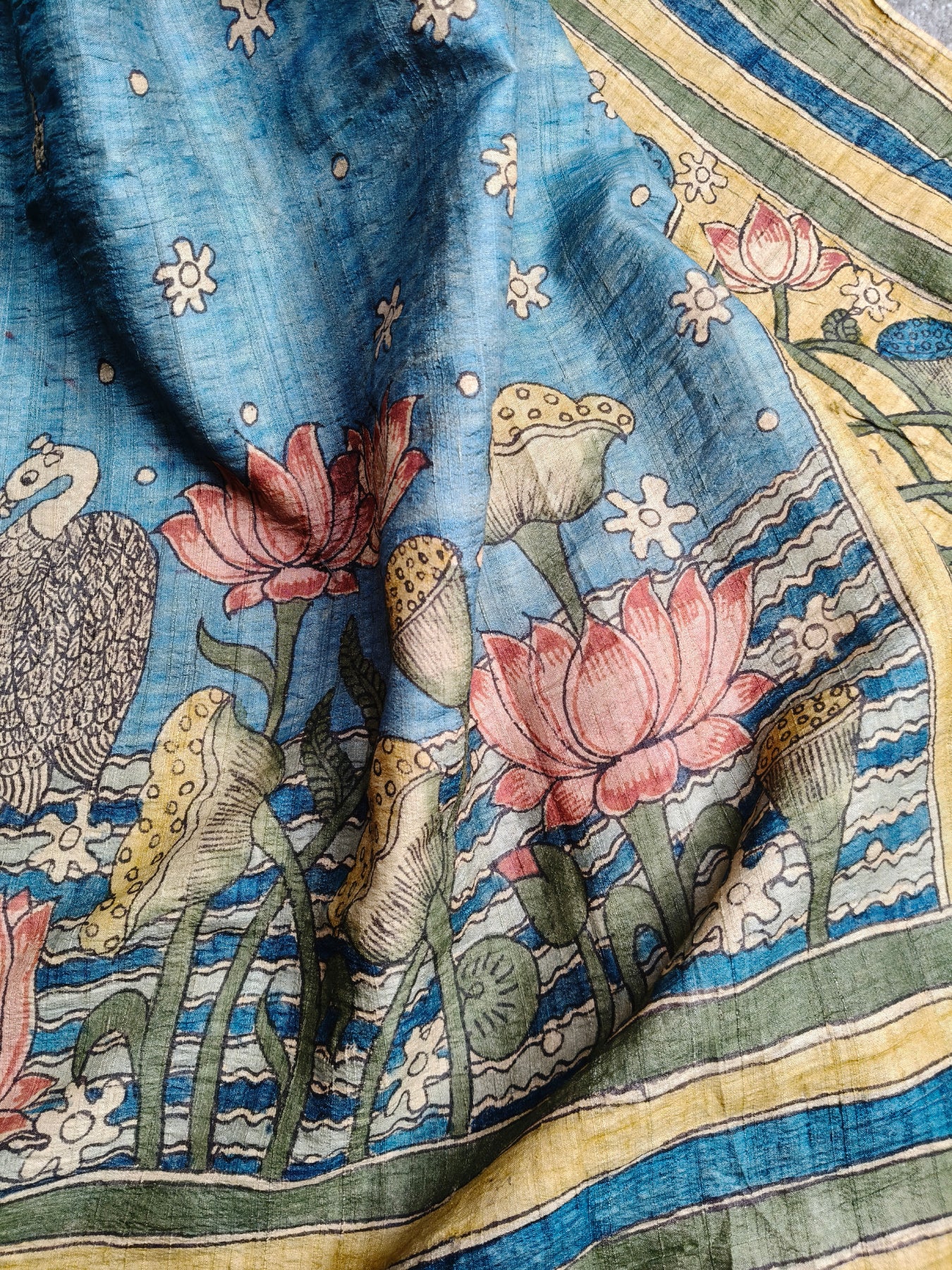 BLUE TUSSAR SILK  PURE HANDLOOM KALAMKARI SAREE