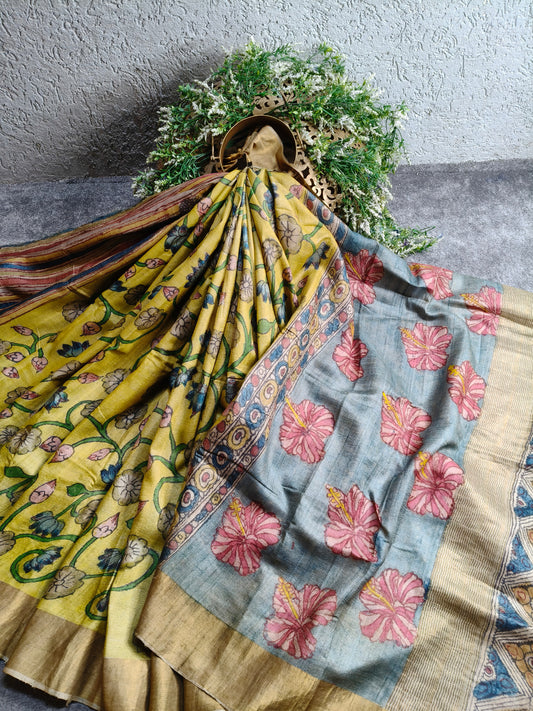 YELLOW TUSSAR SILK  PURE HANDLOOM KALAMKARI SAREE