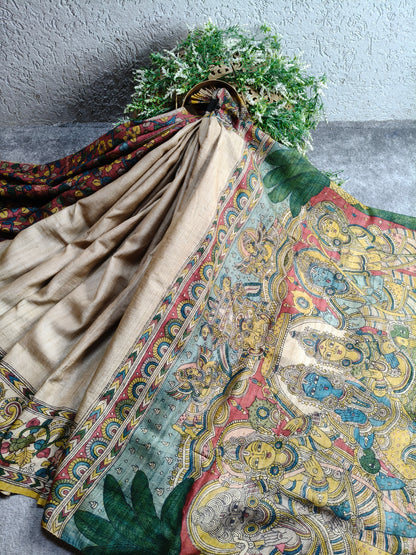CREAM TUSSAR SILK  PURE HANDLOOM KALAMKARI SAREE