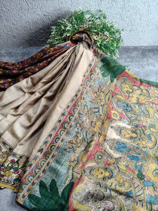 CREAM TUSSAR SILK  PURE HANDLOOM KALAMKARI SAREE