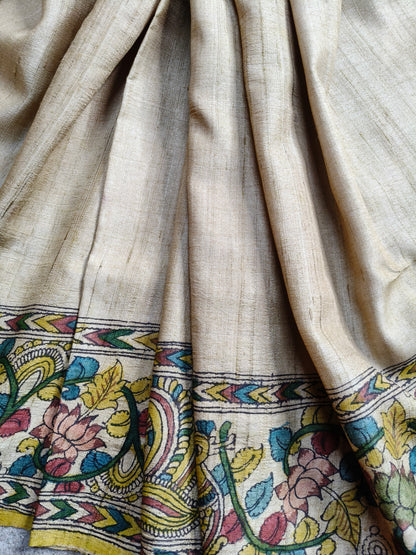 CREAM TUSSAR SILK  PURE HANDLOOM KALAMKARI SAREE