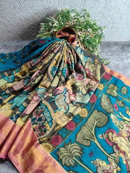 OLIVE CHANNAWRI SILK  PURE HANDLOOM KALAMKARI SAREE