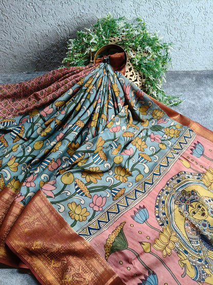 BLUE CHANNAWRI SILK  PURE HANDLOOM KALAMKARI SAREE