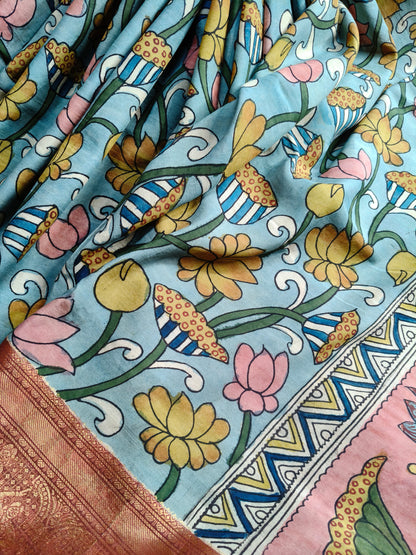 BLUE CHANNAWRI SILK  PURE HANDLOOM KALAMKARI SAREE