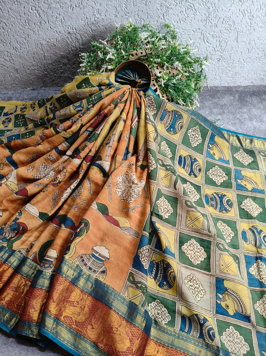 ORANGE CHANDERI SILK  PURE HANDLOOM KALAMKARI SAREE