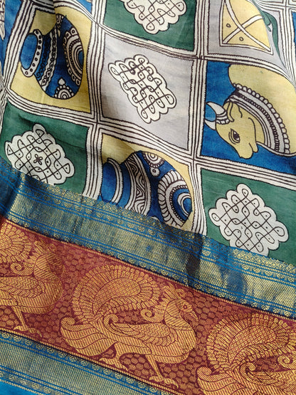 ORANGE CHANDERI SILK  PURE HANDLOOM KALAMKARI SAREE