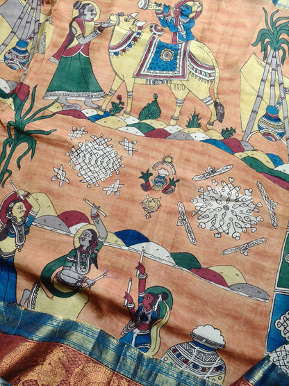 ORANGE CHANDERI SILK  PURE HANDLOOM KALAMKARI SAREE