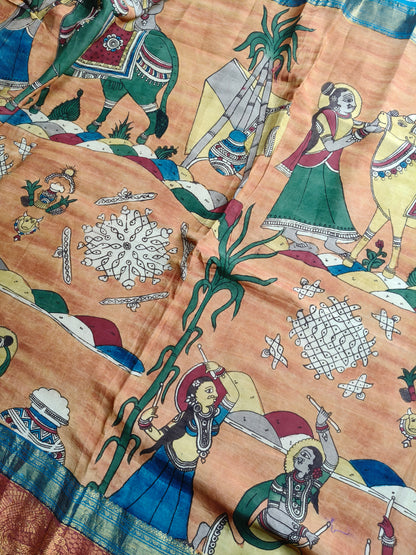 ORANGE CHANDERI SILK  PURE HANDLOOM KALAMKARI SAREE