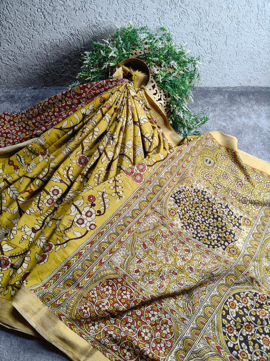 YELLOW COTTON PURE HANDLOOM KALAMKARI SAREE
