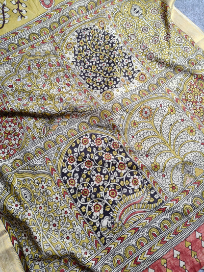 YELLOW COTTON PURE HANDLOOM KALAMKARI SAREE