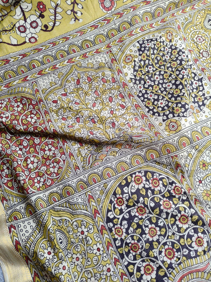 YELLOW COTTON PURE HANDLOOM KALAMKARI SAREE