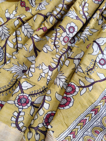 YELLOW COTTON PURE HANDLOOM KALAMKARI SAREE