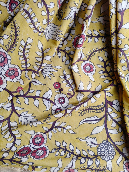 YELLOW COTTON PURE HANDLOOM KALAMKARI SAREE