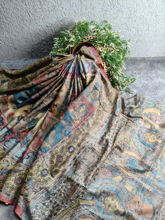 BLUE TUSSAR SILK PURE HANDLOOM KALAMKARI SAREE