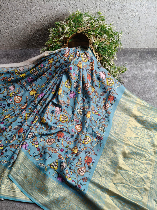 BLUE MUNGA SILK PURE HANDLOOM KALAMKARI SAREE