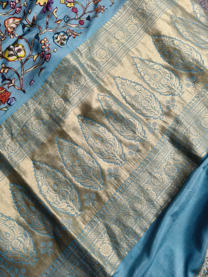BLUE MUNGA SILK PURE HANDLOOM KALAMKARI SAREE