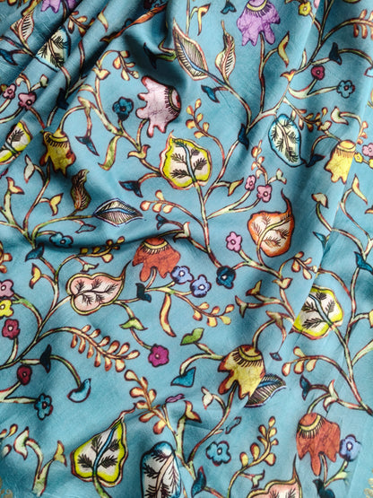 BLUE MUNGA SILK PURE HANDLOOM KALAMKARI SAREE