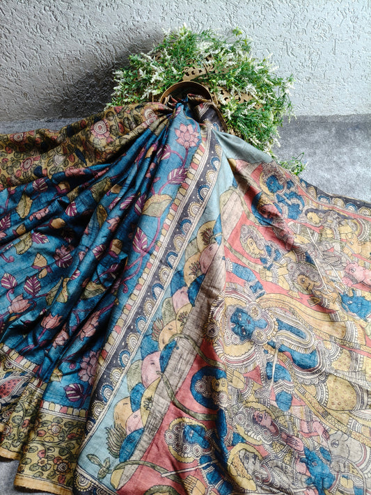 BLUE TUSSAR PURE HANDLOOM KALAMKARI SAREE