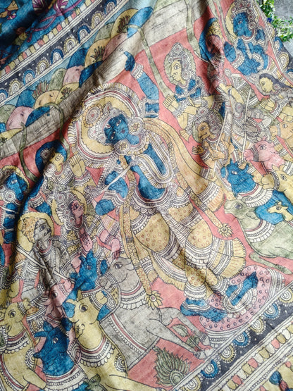 BLUE TUSSAR PURE HANDLOOM KALAMKARI SAREE