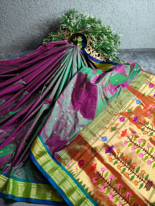 TWO TONE GREEN SILK PURE HANDLOOM PAITHANI SAREE