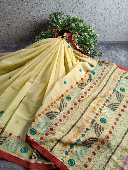 LIGHT YELLOW COTTON PURE HANDLOOM EMBROIDERY SAREE